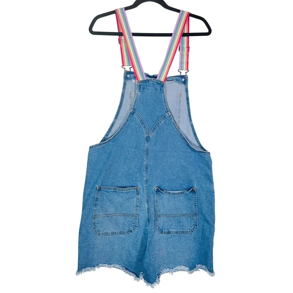 Women's Rainbow Strap Denim Shortalls Blue Queen Embroidered Jean Overalls - Picture 2 of 10